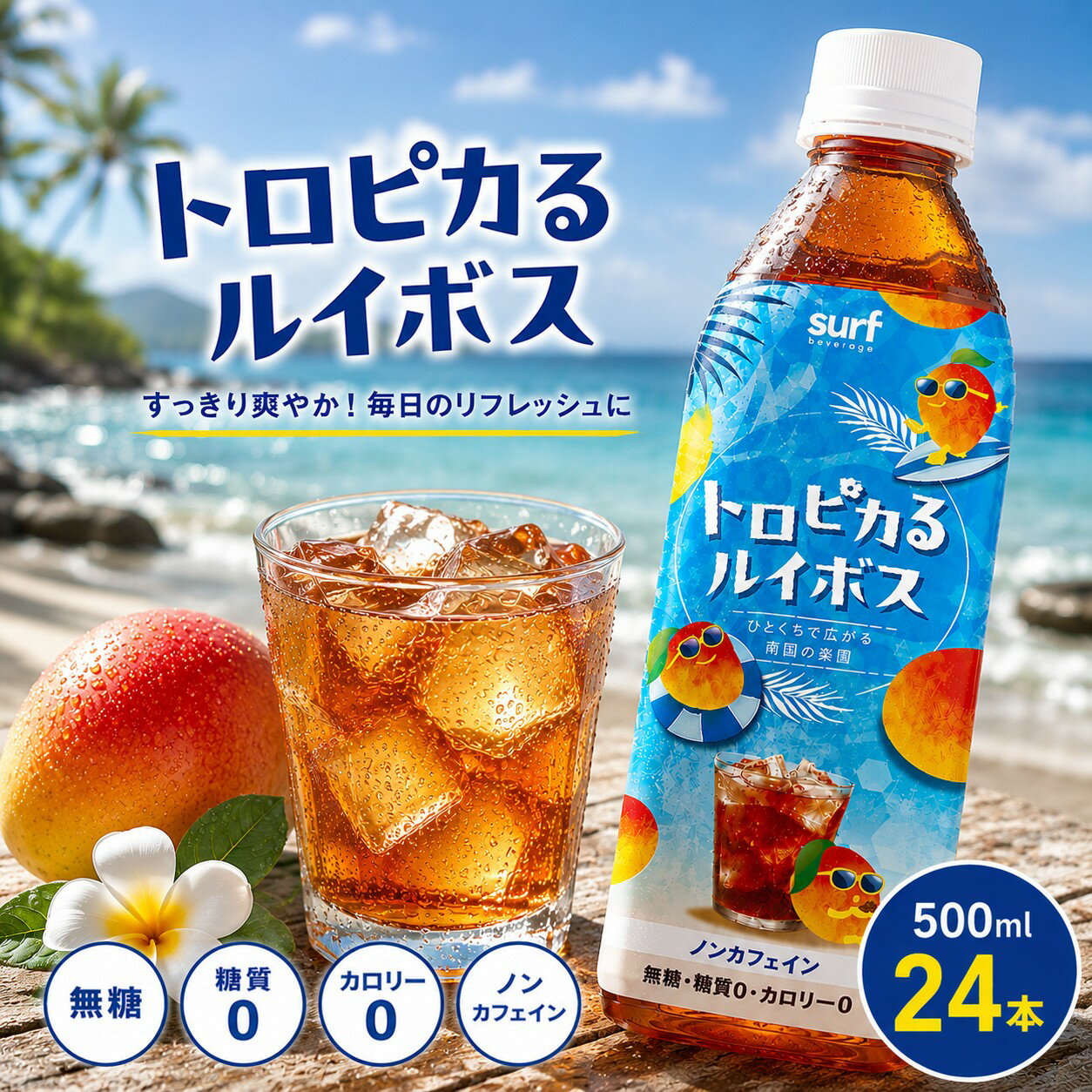 乐天商城 - 【 送料無料 】【 1ケース 】サーフビバレッジ トロピカるルイボス 500ml 24本 ルイボスティー 無糖 無糖茶 カロリーゼロ カフェインゼロ カフェインレス マンゴー果汁 お茶