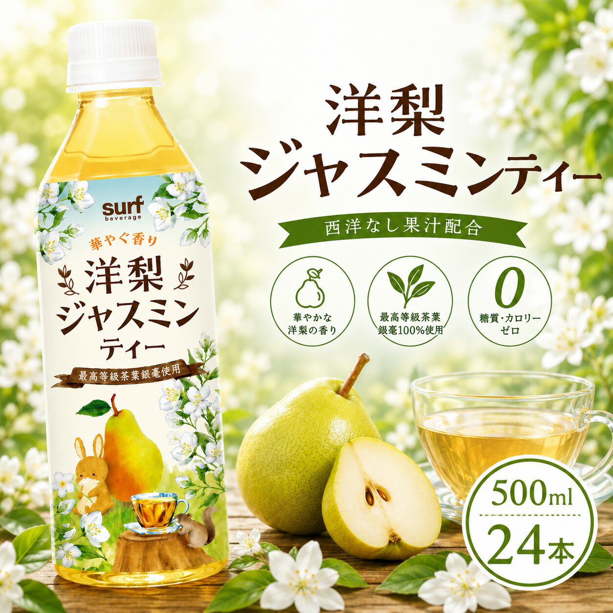 【 送料無料 】【 1ケース 】 サーフビバレッジ 洋梨ジャスミン 500ml 24本 無糖 無糖茶 お茶 ジャスミン茶 糖質ゼロ カロリーゼロ