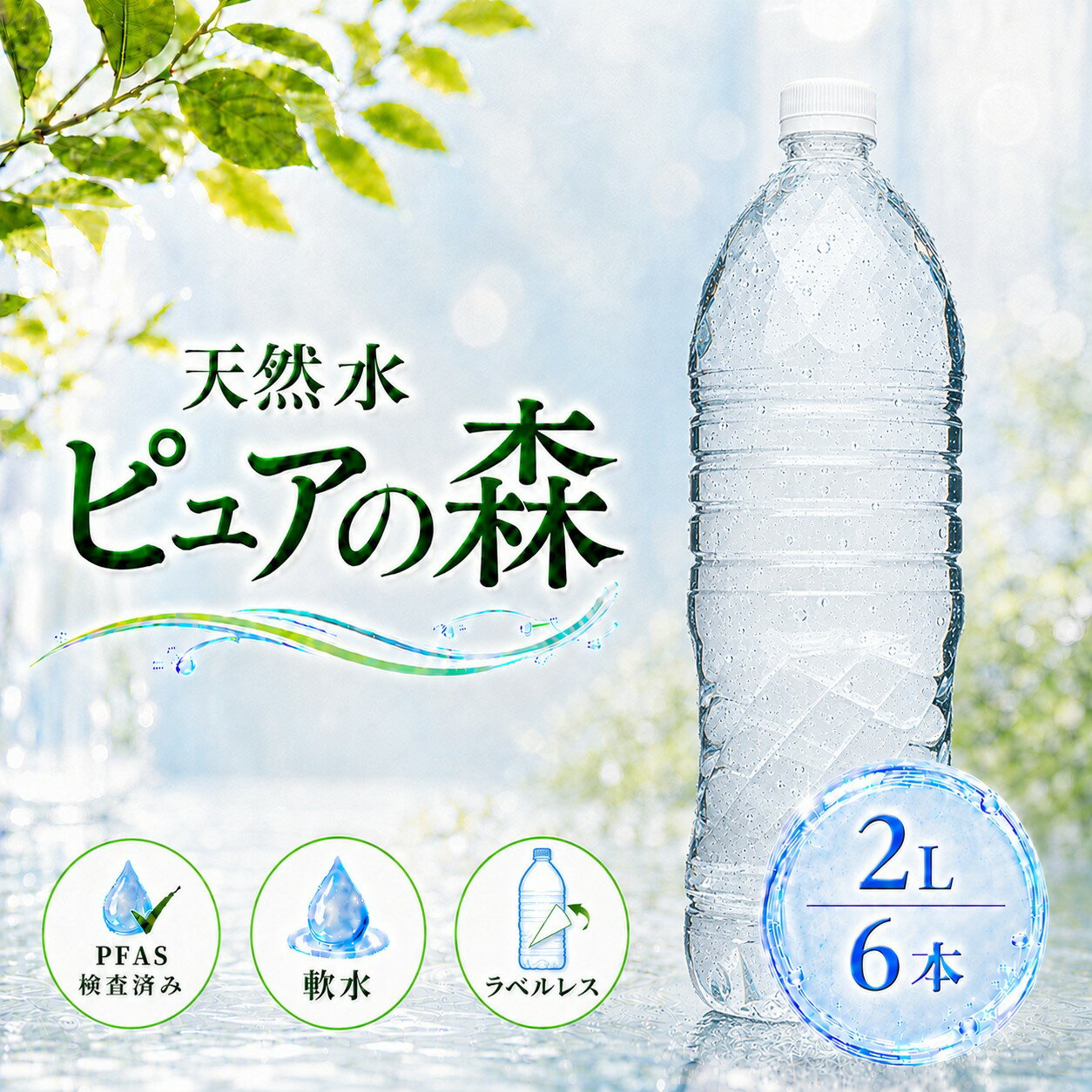 【 特別価格 】【 ラベルレス 】国産 ミネラルウォーター ピュアの森 2000ml 6本 天然水 軟水 水 みず 2リットル 2l 2L ペットボトル ..