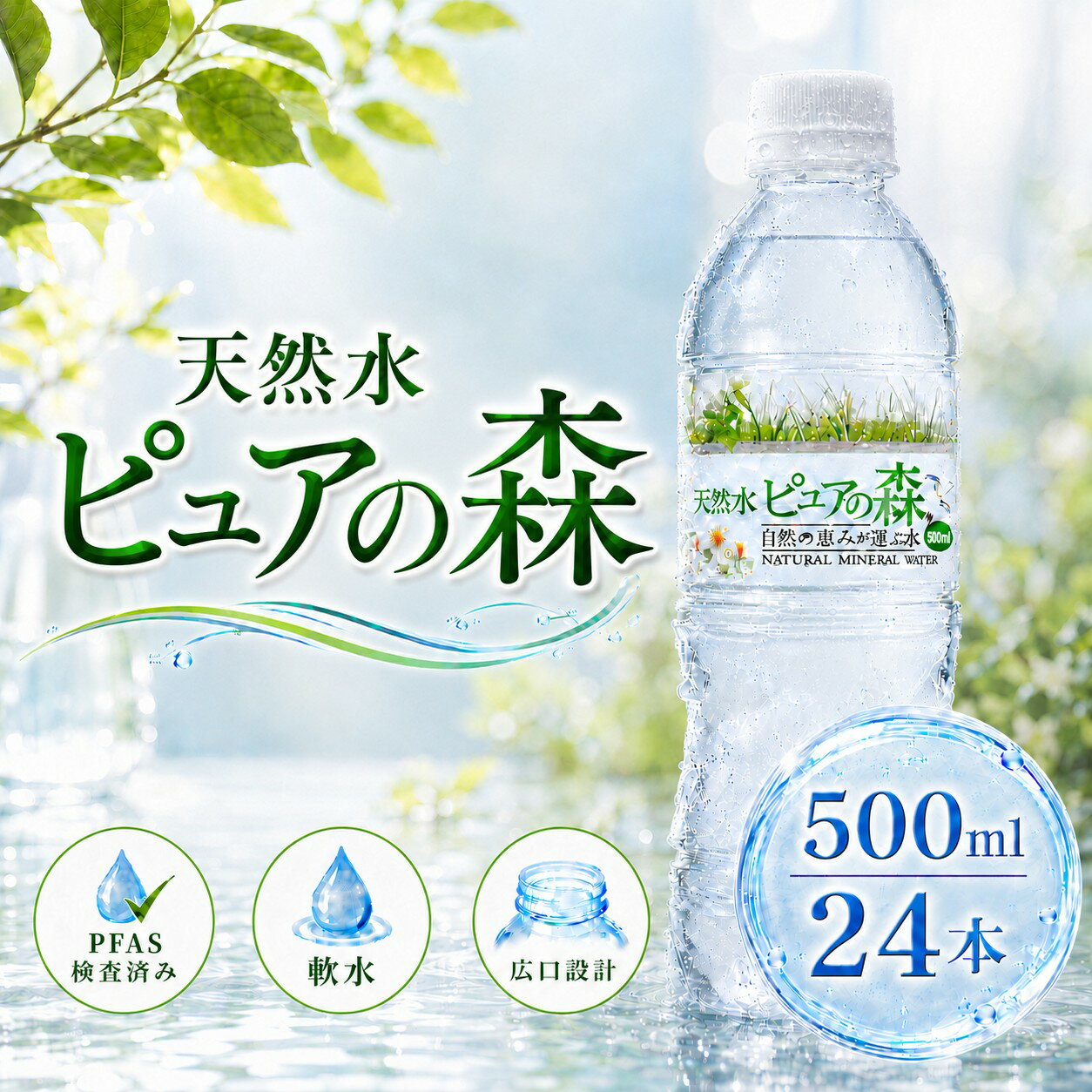 国産 ミネラルウォーター ピュアの森 水 500ml 24本 天然水 軟水 ペットボトル 1ケース  ...