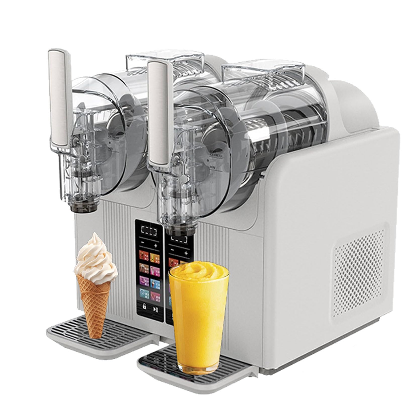 強力な 430W デュアルシリンダーパフォーマンス - 430W モーターと 2L/*2 大容量を搭載したこのスラッシーマシンは、わずか 20 ～ 30 分でソフトクリーム、スムージー、フローズンドリンクを製造でき、需要の高い商業用やホームパーティーでの使用に最適です。 7 つのプリセット モードを備えたタッチ スクリーン ディスプレイ ? 直感的なタッチ ディスプレイ スクリーンには、ソーダ スラッシュ、ジュース スラッシュ、コーヒー スラッシュ、ミルクシェイク、ソフト アイス クリームを含む 7 つのプリセット モードがあり、加えて毎回完璧な食感と硬さを実現するユーザー カスタマイズ オプションも備えています。 多方向の熱放散と耐久性に優れた構造 ? 三面循環冷却により、機械は内部コンポーネントを効果的に保護し、機械の寿命を延ばし、長時間の運転中でも一貫した冷凍性能を保証します。 ワンキー自動洗浄＆簡単分解 ? ワンキー洗浄機能により面倒な洗浄工程が不要となり、混入を防ぎ、分解しやすい構造によりアイスペールや撹拌羽根に素早くアクセスできます。 安全で便利な操作のためのスマートな機能 - 温度表示、ギア調整、スタート/一時停止キーが含まれており、スムージー、ミルクシェイク、アルコールスラッシュのフローズンドリンクメーカーを完全に制御できます。 製品の特徴 1. デュアルボウルスマートタッチスクリーンコントロール: 2 つの独立した 2 リットルボウル、7 つのプリセットモードとカスタム機能により、ソフトアイスクリーム、スラッシュ、ミルクシェイクなどをワンタッチで準備でき、操作が簡単です。 2.高効率の冷却と温度制御：多方向の熱放散と急速冷却、さまざまな味の好みに合わせて温度と濃度を自由に調整できます。 3.便利な洗浄設計：ワンタッチ自動洗浄+分解しやすい構造により、フレーバーの相互汚染を防ぎ、商用メンテナンスコストを大幅に削減します。 4.食品グレードの安全な素材：食品グレードのPCボウル+強力な混合システム、耐久性があり衛生的で、頻繁な商業使用に適しています。 仕様 名前: スラッシーマシンスラッシーメーカー 色: 黒、白 定格電力: 430W ボウル容量：2L×2 主な機能: タッチスクリーンカラーディスプレイ、多方向冷却、ワンタッチクリーニング 準備時間：約3時間バッチごとに 20 ～ 30 分 正味重量: 16 kg 外形寸法：398×380×420mm パッケージリスト: 1 * 双頭ソフトクリームスラッシーマシン