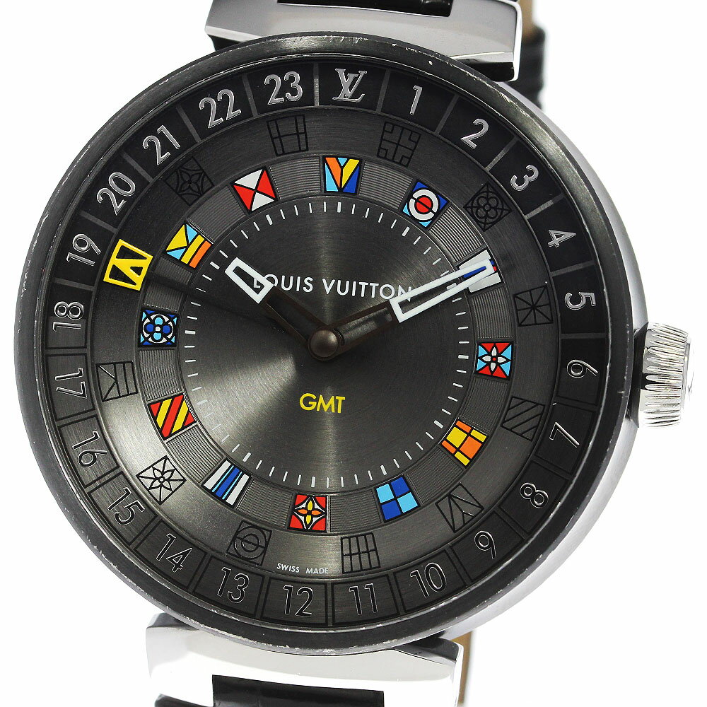 ルイ・ヴィトン LOUIS VUITTON QA097 タンブール ムーンデュアルタイム GMT クォーツ メンズ 内箱付き_810099【中古】