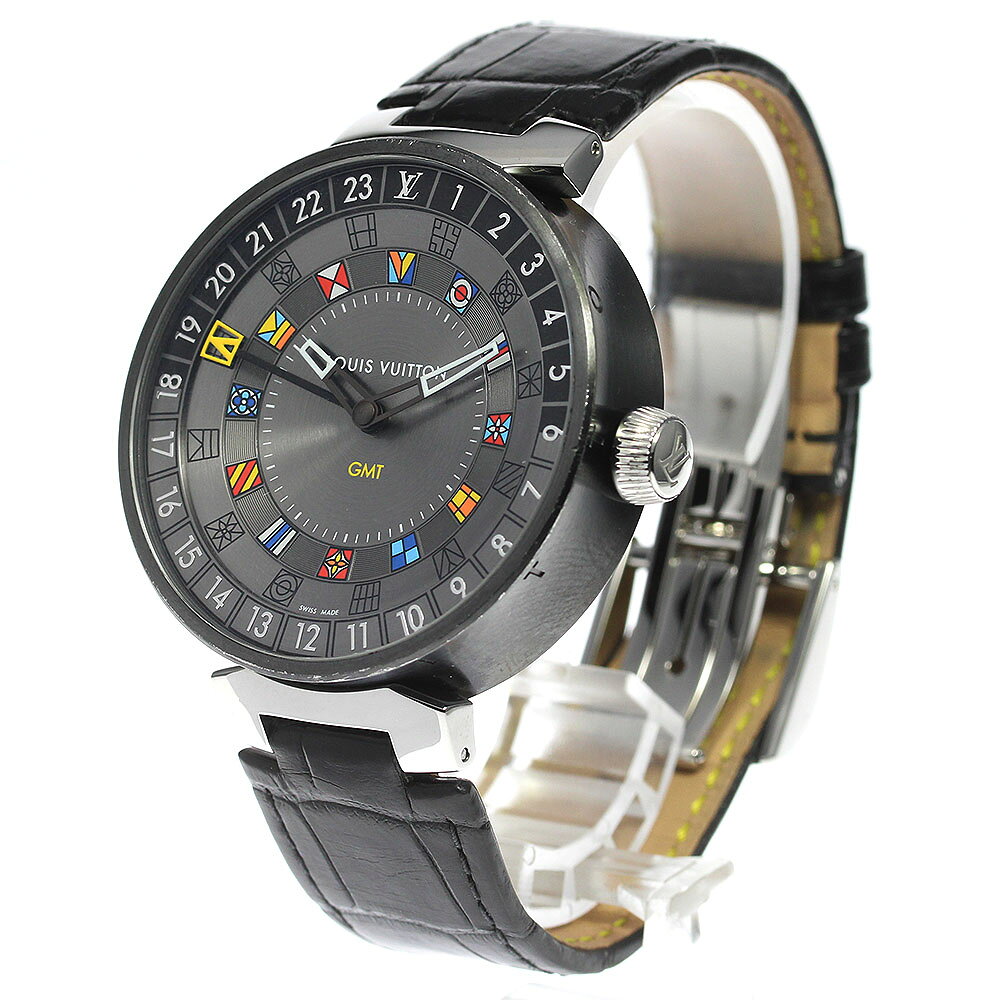 ルイ・ヴィトン LOUIS VUITTON QA097 タンブール ムーンデュアルタイム GMT クォーツ メンズ 内箱付き_810099【中古】