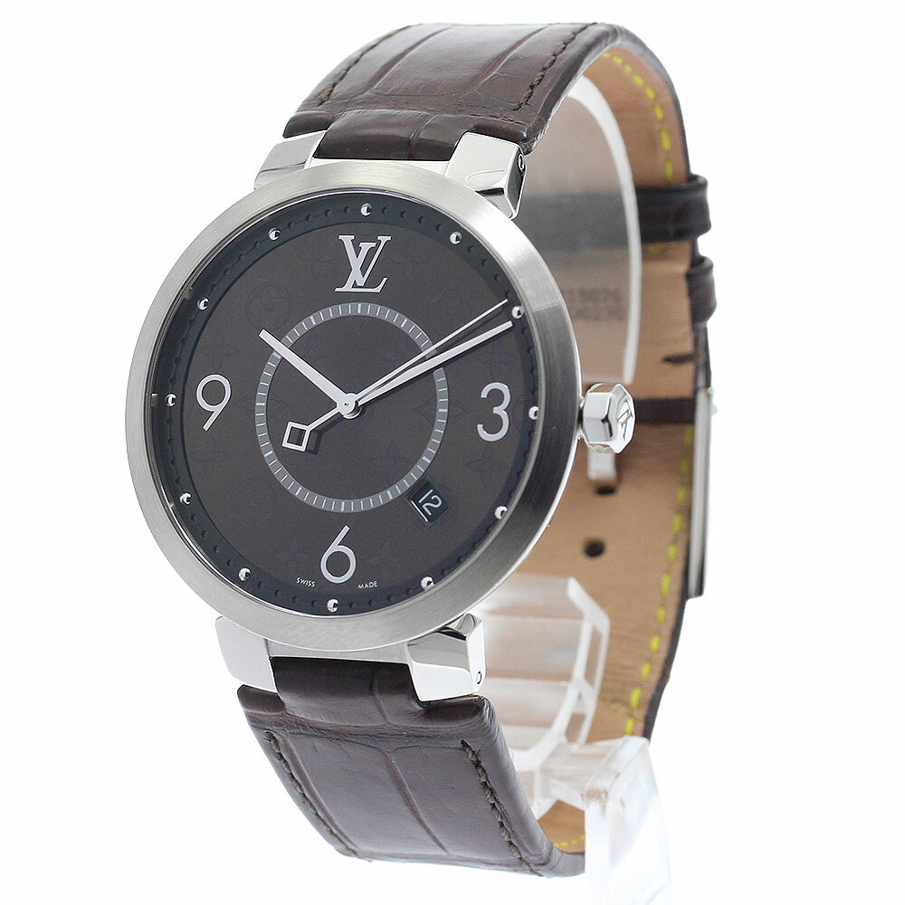 ルイ・ヴィトン LOUIS VUITTON QA005 タンブールスリム モノグラム デイト クォーツ メンズ 箱・保証書付き_892406【ev10】【中古】