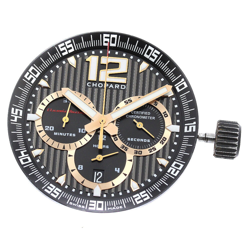 状態ランク 本体ランク AB 商品の状態 針 軽いダメージ、シミ(所々に) 文字盤 少しのダメージ、僅かなシミ(所々に) 商品管理No. J-5　 ムーブBOX4 251202 GT 商品の詳細 ブランド ショパール/Chopard 性別 メンズ 文字盤色 ブラック 機械タイプ 自動巻き 機能・特徴 デイト、クロノグラフ、スモールセコンド 付属品 なし(本体のみ) ケースサイズ(w) 約 39mm OH歴 弊社では実施しておりません。 ※1：ベルトサイズとは、ケース部分も含めた総腕回りのサイズになります。 ※機械式時計の場合、姿勢差などの影響により日差が大きくなることも御座います。こちらの数値はあくまで参考値としてお考え下さい。日差が大きいからという理由での返品や無償修理の対応は致しかねますので、ご理解の上ご入札下さい。 ※写真にて状態をご確認下さいませ。 ※USED品になりますので、ご理解頂ける方のご購入をお待ちしております。