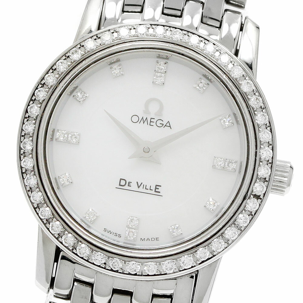DeVille - オメガ OMEGA 4575.75 デビル プレステージ 16P ダイヤベゼル シェル文字盤 クォーツ レディース 保証書付き_950602【中古】