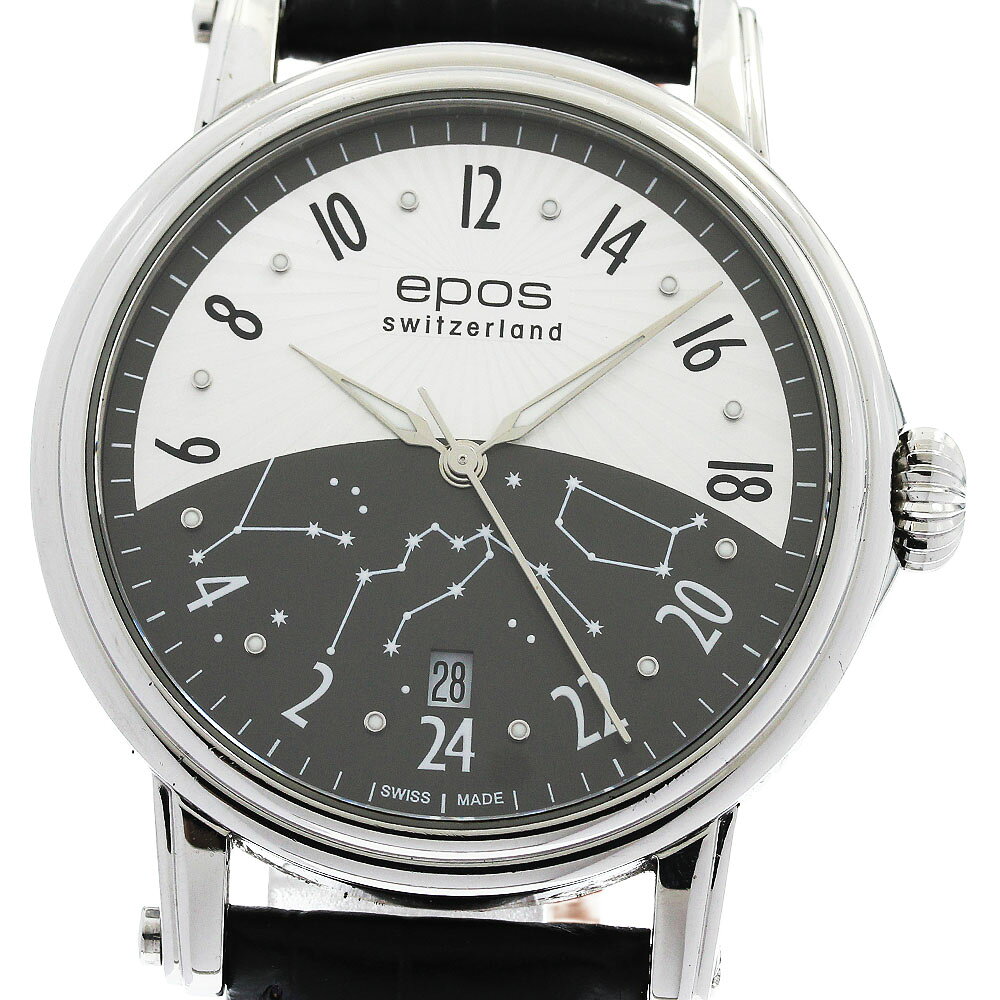 状態ランク 本体ランク B+ ベルトランク N ※社外品 商品の状態 ガラス 綺麗な状態 ケース 少しの擦り傷、小さい打痕 ベゼル 少しの擦り傷、小さい打痕 ベルト/ブレスレット 未使用品 針 僅かなシミ 文字盤 綺麗な状態 尾錠/バックル 少しの擦り傷、純正品 商品管理No. 970873　 240 260730 AS 商品の詳細 ブランド エポス/EPOS モデル名 エモーション 24H 性別 メンズ ケース素材 SS ベルト素材 革 文字盤色 ブラック/シルバー 機械タイプ 自動巻き Ref.No 3390.AGYSL シリアルNo S1*** 機能・特徴 デイト 付属品 なし(本体のみ) ケースサイズ(w) 約 41mm ベルトサイズ※1 約 19.5cm ラグ幅 20mm 日差 -14秒/日　※参考値 OH歴 弊社では実施しておりません。 ※1：ベルトサイズとは、ケース部分も含めた総腕回りのサイズになります。 ※機械式時計の場合、姿勢差などの影響により日差が大きくなることも御座います。こちらの数値はあくまで参考値としてお考え下さい。日差が大きいからという理由での返品や無償修理の対応は致しかねますので、ご理解の上ご入札下さい。 ※写真にて状態をご確認下さいませ。 ※USED品になりますので、ご理解頂ける方のご購入をお待ちしております。