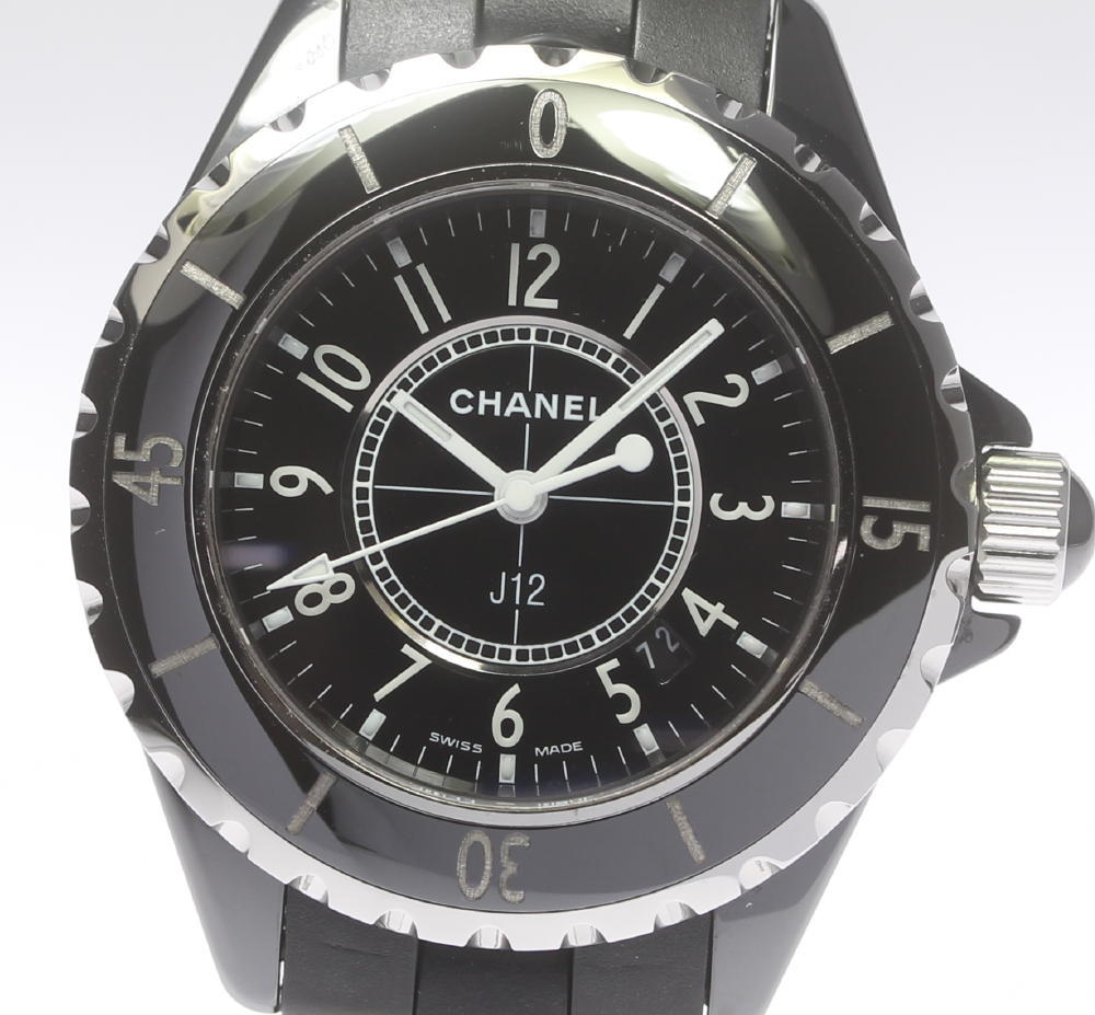 ★良品★箱・保【CHANEL】シャネル J12 黒セラ H0681 33mm QZ ラバーベルト レ ...