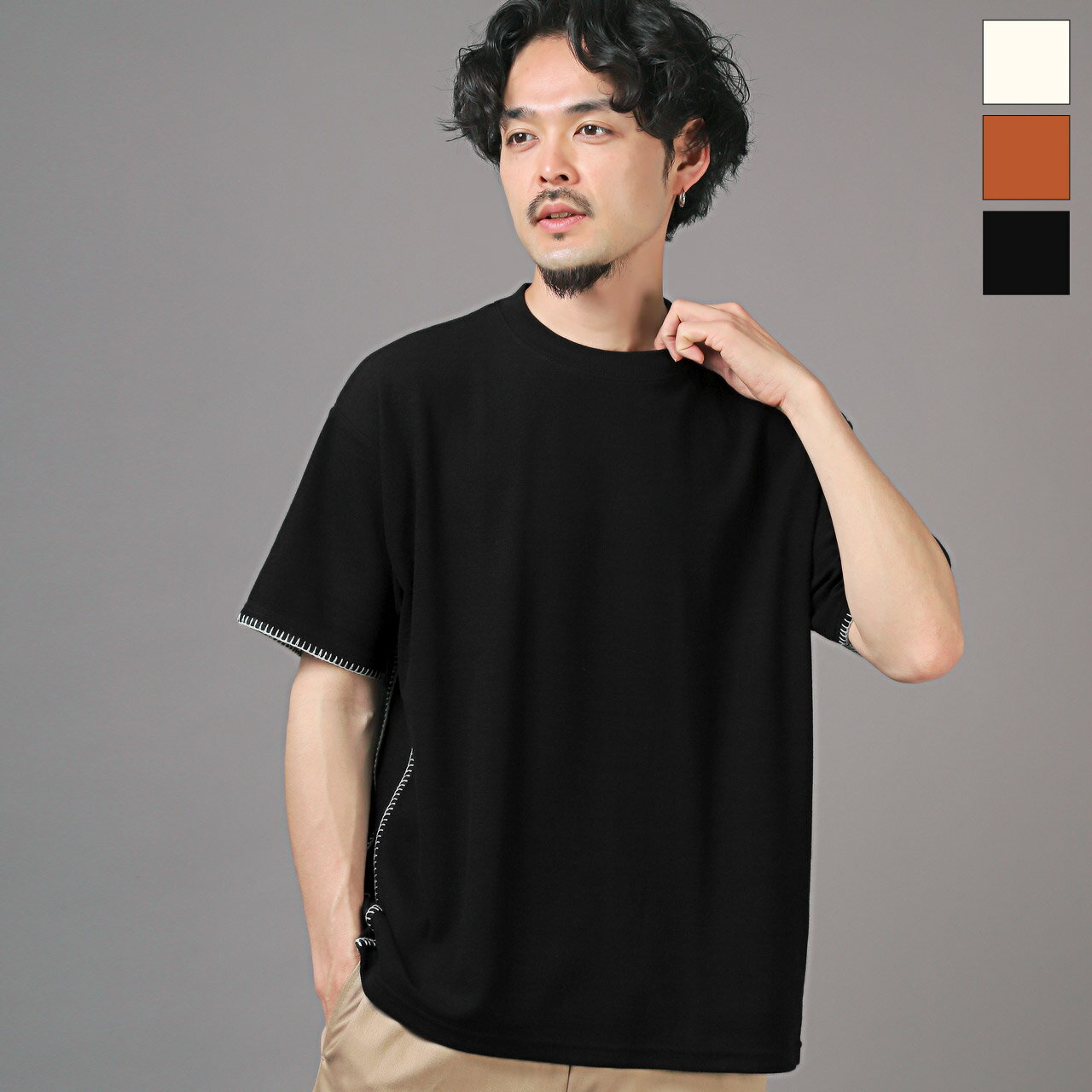 乐天商城 - Tシャツ 半袖 メンズ ユニセックス 半袖Tシャツ 春 夏 サマーニット ニットソー 無地 サイドステッチ オーバーサイズ クルーネック アイボリー オレンジ ブラック M L aa-3076