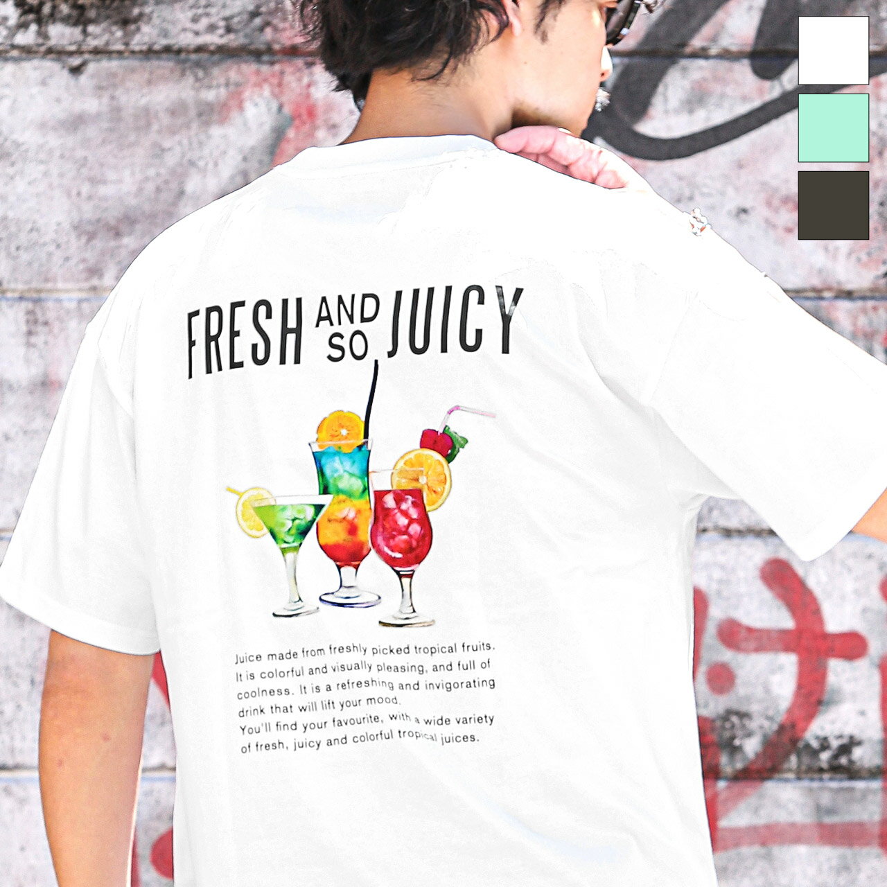乐天商城 - 半袖Tシャツ メンズ レディース 春 夏 ビッグシルエット プリントTシャツ バックプリント カクテル ジュース トロピカル イラスト ロゴ ホワイト グリーン チャコール M L aa-3086