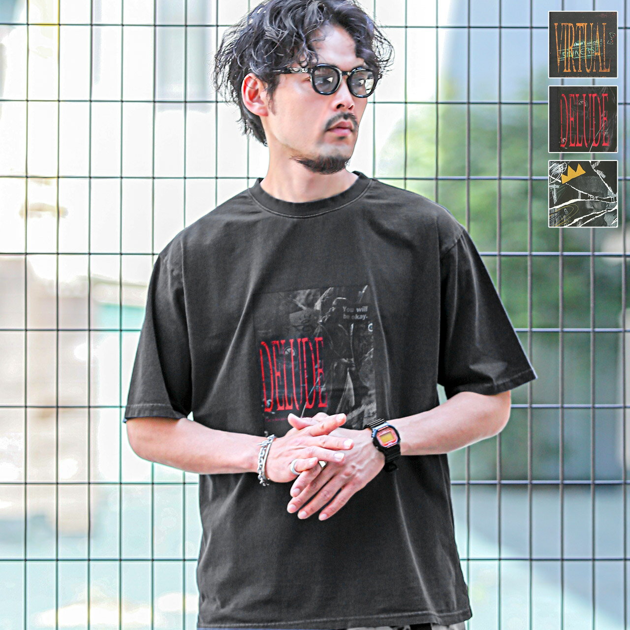 Rakuten - 半袖Tシャツ メンズ レディース ビッグシルエット 夏 プリントTシャツ グラフィック フォト ロゴ プリント ピグメント加工 色落ち加工 クルーネック ブラック M L aa-3127