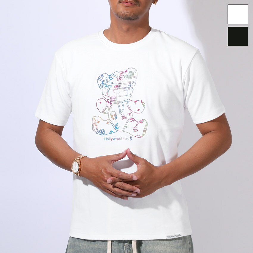 乐天商城 - 【送料無料】ハリウッドリッチドットアンド Tシャツ 半袖 メンズ トップス 半袖Tシャツ ブランド 綿 コットン プリント バックプリント スムース生地 レインボー 虹色 カラフル パンク ベア クマ くま ロゴ 白 黒 ホワイト ブラック M L XL aa-3583