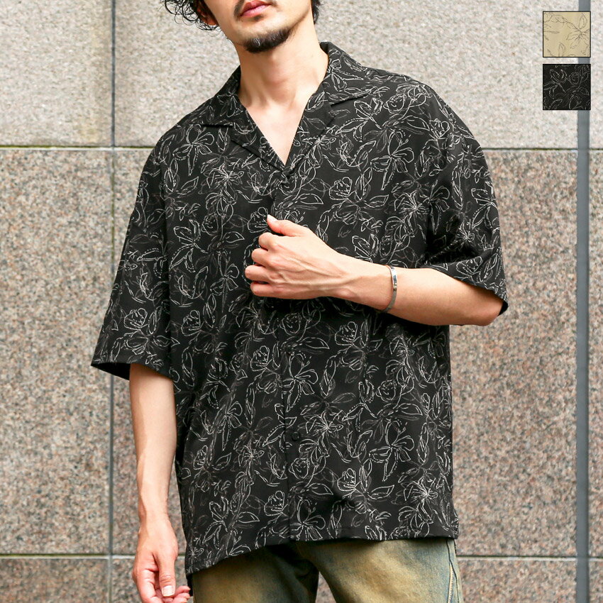 乐天商城 - メンズ シャツ 半袖 開襟シャツ 柄シャツ 半袖シャツ オープンカラーシャツ 花柄 総柄 大きいサイズ ドロップショルダー 薄手 スリット 羽織り ルーズ シンプル モード レトロ 黒 ベージュ ブラック 夏服 春服 20代 30代 40代 50代 レディース M L aa-3533