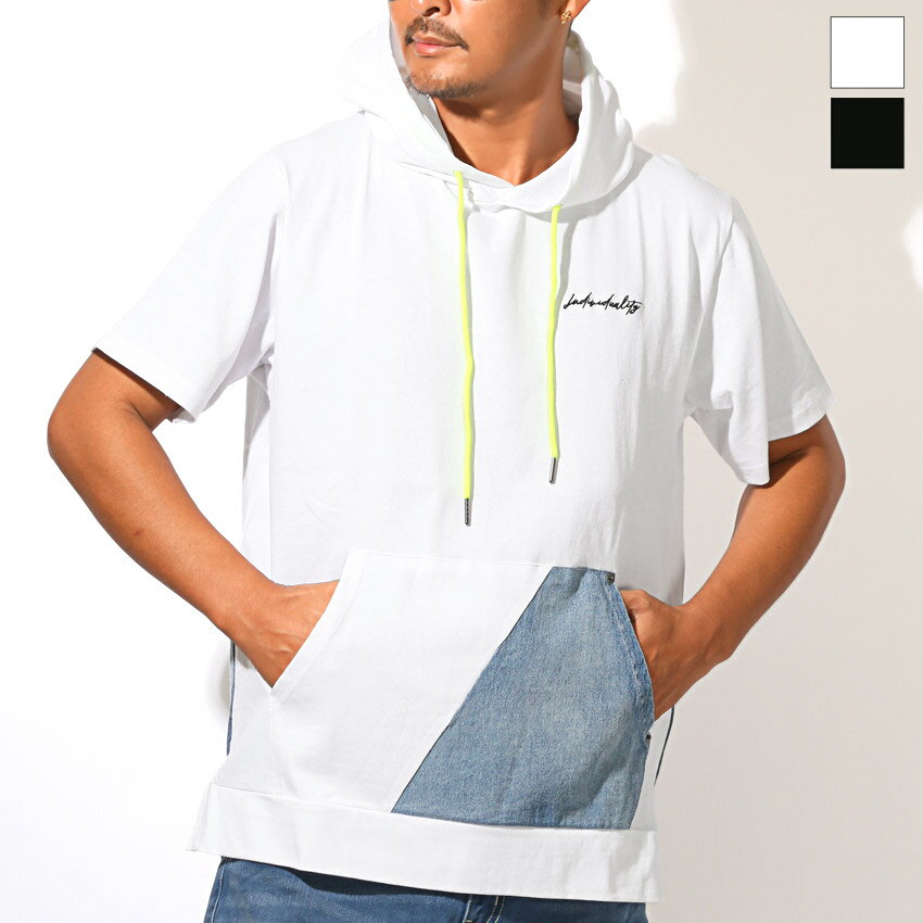 乐天商城 - 【送料無料】Tシャツ 半袖 メンズ 半袖Tシャツ 半袖パーカー フーディ フード付き 蛍光色 ネオンカラー 差し色 刺繍 ロゴ デニム 切替 バイカラー アシンメトリー ゆったり オーバーサイズ カンガルーポケット 白 黒 ホワイト ブラック 夏 春 レディース M L aa-3571