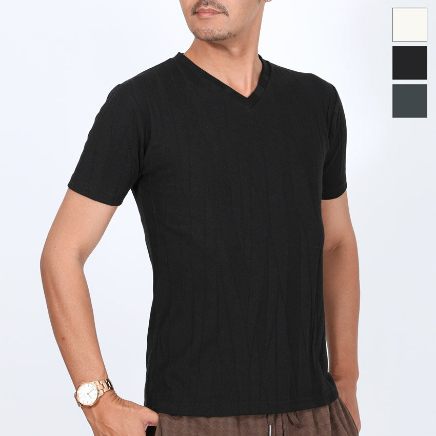 乐天商城 - 半袖Tシャツ トップス カットソー Tシャツ 半袖 メンズ Vネック 無地 ストライプ 凸凹 細身 スリム 伸縮性 シンプル カジュアル 上品 おしゃれ 白 黒 ホワイト ブラック チャコール グレー 春服 夏服 20代 30代 40代 50代 60代 S M L XL ラグスタイル aa-3908