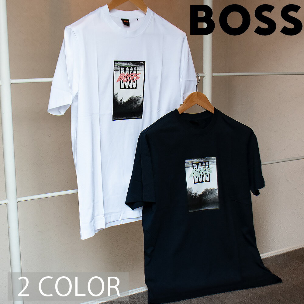 樂天商城 - ボス BOSS Tシャツ メンズ カットソー レギュラーフィット Tシャツ プリントアートワーク クルーネック コットンジャージー ホワイト ダークブルー Te Dj 50561846【送料無料】