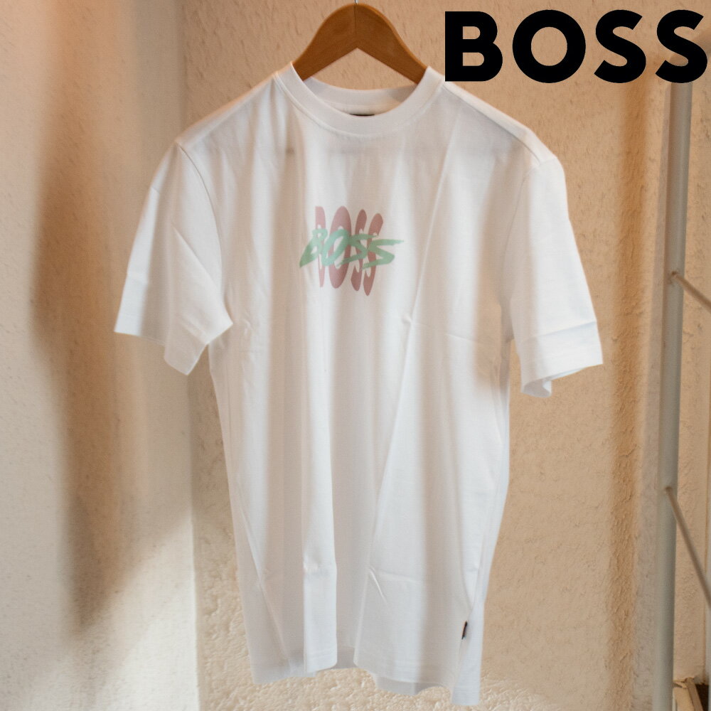 樂天商城 - ボス BOSS Tシャツ メンズ カットソー レギュラーフィット Tシャツ ロゴアートワーク クルーネック コットンジャージー ホワイト Te Bass 50561850【送料無料】