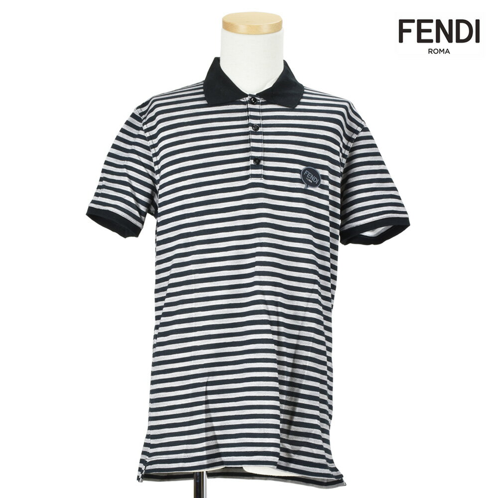 フェンディ FENDI FAE505 OTQ/NFQ ワッペン付き ボーダー ポロシャツ ブラック ホワイト 黒 白 メンズ 46