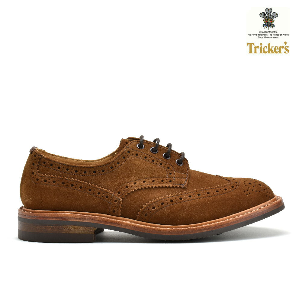 【TRICKERS / トリッカーズ】 靴作りの名人ジョセフ・トリッカーによって、1829年 R.E.Tricker Ltd が設立される。 現在、五代目に受け継がれているトリッカーズは、英国靴製造のメッカであるイギリスのノーザンプトンに現存する最古のシューメーカーである。 プリンス・オブ・ウェールズ（チャールズ皇太子）より授かった王室御用達を意味するロイヤル・ワラントが掲げられたセント・ミッシェル通りにある工場では、180年間にわたり当時からの変わらぬ伝統的な技法を用いながら、職人たちの手仕事によって生産され続けている。 【TRICKERS / トリッカーズ】一覧はこちら 送料について ＜送料無料の場合＞北海道・一部離島沖縄 900円1200円 送料の詳細はこちら【TRICKERS / トリッカーズ】 靴作りの名人ジョセフ・トリッカーによって、1829年 R.E.Tricker Ltd が設立される。 現在、五代目に受け継がれているトリッカーズは、英国靴製造のメッカであるイギリスのノーザンプトンに現存する最古のシューメーカーである。 プリンス・オブ・ウェールズ（チャールズ皇太子）より授かった王室御用達を意味するロイヤル・ワラントが掲げられたセント・ミッシェル通りにある工場では、180年間にわたり当時からの変わらぬ伝統的な技法を用いながら、職人たちの手仕事によって生産され続けている ブランド TRICKERS / トリッカーズ 品番 5633-snuff カラー SNUFF　 ■サイズ展開 UK6.0/24.5cm UK6.5/25.0cm UK7.0/25.5cm UK7.5/26.0cm UK8.0/26.5cm UK8.5/27.0cm UK9.0/27.5cm UK9.5/28.0cm 素材/スペック ・アッパー：レペロスエード ・ソール：ダイナイトソール 英国のダイナイト社の作るラバーソール、通称「ダイナイトソール」を使用。 滑り止めの役目を果たす丸い突起があしらわれたラバー製のソールで実用性と見た目のバランスの良いソールです。レザーソールのようにスマートなのに、雨天時でも気兼ねなくガンガン履ける優れた耐久性が自慢です。 ・製法：グッドイヤーウェルト製法 ベンチメイド(1人の職人が全ての作業工程を行なう事)と言う製法のため、木型は同じでも1足1足職人のクセが出たりします。 メダリオンやステッチに左右で若干の違いがある場合もございますが、コレも風合いとしてお楽しみ下さい。 ・ワイズ：5 原産国：ENGLAND サイズ感 ■サイズ感 やや大きめの作りとなっています。 ※デザインや個人の足タイプで若干の違いはございます。あくまでも目安とお考え下さい。 ※UKサイズ規格の商品の為、日本サイズ（cm）は目安でお考え下さいませ。 商品説明 トリッカーズの人気モデル、カントリーコレクションの短靴「BOURTON」です。トリッカーズの代名詞であるウィングチップを使用したモデルで、カジュアルからフォーマルまで幅広く活躍してくれます。 ご注意点 【並行輸入品（海外正規品）】について 製品の制作工程上でのオイルシミによります色ムラやボンド接着跡、縫製の際の『シワ』や『キズ』等がある場合もございますが、これらは不良品ではなく、製造上やむを得ないものとなります。 着用に支障の無い傷や輸入による箱のつぶれ、多少の汚れもご了承下さいませ。これは当商品の風合いの範囲内ですので完璧な商品をお求めの方には不向きな商品です。 下記のような場合による、交換は致しかねますのでご了承ください。 ご理解いただきご購入お願い致します。 ・商品の写真やご覧になる画面によって商品の質感や色がことなる場合がございます。 ・輸送上の都合等により、商品箱が一部破損（キズや潰れなど）が生じている場合がございます。 ・商品の中には接着剤の付着、キズ、シワ、ゆがみなどが多少ございます。 このような理由の場合、交換は往復の送料はお客様負担とさせていただきますので予めご了承くださいませ。 ※商品販売価格は予告無く変動します。