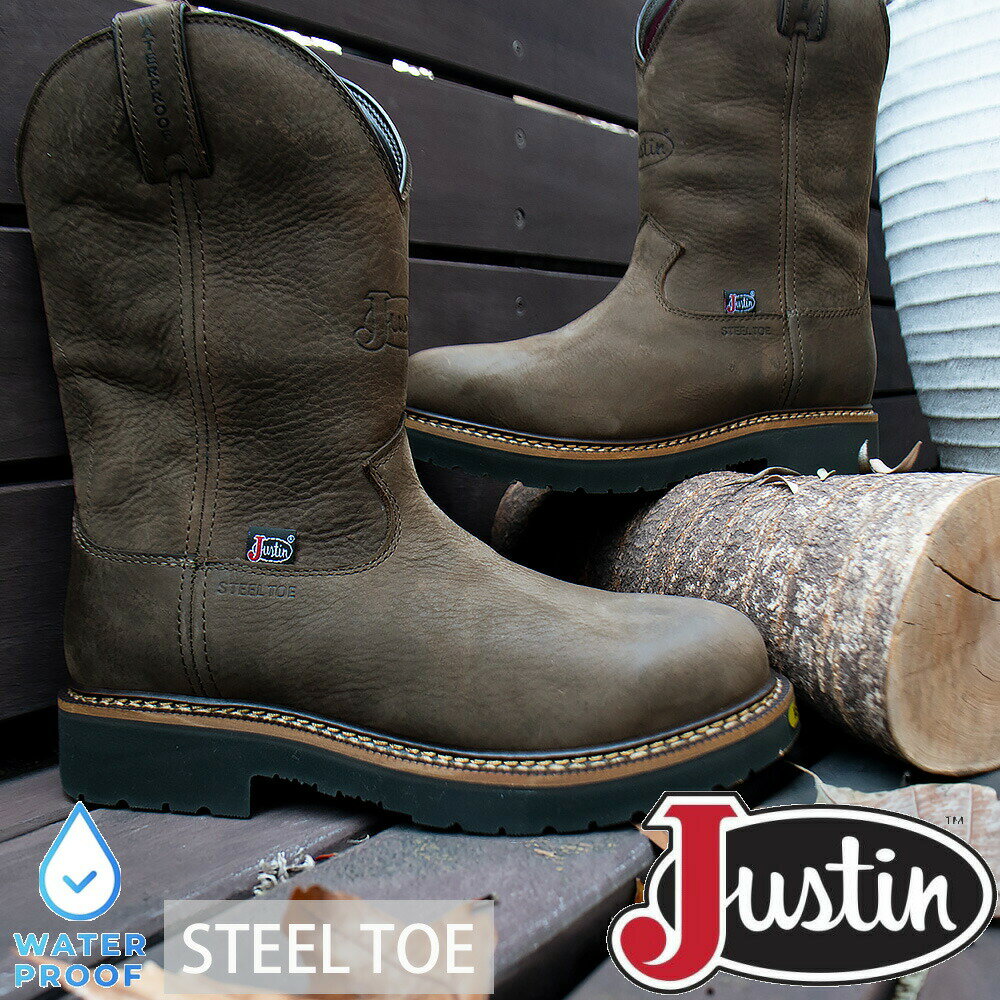 ジャスティン JUSTIN ウエスタンブーツ メンズ ロングブーツ 11インチ ブーツ スチールトゥ 防水 Dワイズ ブラウン 11" Men's Waterproof Round Steel Toe【送料無料】