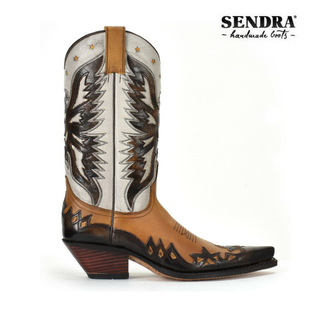 SENDRA/センドラ 約100年もの歴史をもつSENDRAは、1913年スペインのALMANSA(アルマンサ)にて設立されました。この地域は砂漠地帯のため中世から馬による移動が多く足を保護し丈夫なブーツが必要とされていました。そして、生活の糧として必然的にウェスタンブーツは重要視され、SENDRAブーツは長年培った技術と共に発展し、ヨーロッパ最高のウエスタンブーツブランドとして現在に至っています。また現在では、ファッション性や耐久性に力を注ぎ、SENDRA社ならではの独特なラインを主軸とするGOOD YEAR WELT製法がSENDRA社の魅力でもあります。 【SENDRA/センドラ】一覧はこちら 送料について ＜送料無料の場合＞北海道・一部離島沖縄 900円1200円 送料の詳細はこちらブランド SENDRA/センドラ 品番 6907 素材/スペック アッパー：レザー ソール　：レザー（一部ラバー） ブーツの高さ：約35cm ヒールの高さ：約5.0cm 生産国　：　スペイン サイズ展開 EUR37：23.0〜23.5cm相当 EUR38：24.0〜24.5cm相当 ※日本サイズ（cm）はあくまでも目安とお考え下さい。 商品説明 1913年、スペインのアルマンサに設立されたウエスタンブーツブランドのSENDRA。 アルマンサ地域は砂漠地帯の為、耐久性の高いブーツが必要とされ、SENDRAのブーツが生まれました。 現在ではヨーロッパを代表するウエスタンブーツメーカーとして地位を確立します。 実用性・耐久性だけでなく、デザイン性の高さにセレブ達の注目も集まり、愛用されています。 ご注意点 ▼注意▼ 当商品は【並行輸入品（海外正規品）】となります。製品の制作工程上でのオイルシミによります色ムラやボンド接着跡、縫製の際の"シワ"や"キズ"等がある場合もございますが、これらは不良品ではなく、製造上やむを得ないものとなります。 着用に支障の無い傷や輸入による箱のつぶれ、多少の汚れもご了承下さいませ。これは当商品の風合いの範囲内ですので完璧な商品をお求めの方には不向きな商品です。 ※新品ですが一部箱が破損している場合が御座います。 ※細かなキズや型抜き跡などが見られる場合があります。 ※実物とパソコンモニター画面では、見た目の色に多少違い ある場合が御座います。 ※輸送上の都合等により商品に多少の汚れや傷などが付いている場合がございます。 上記の点を予めご了承のうえご注文いただきますようお願いいたします。