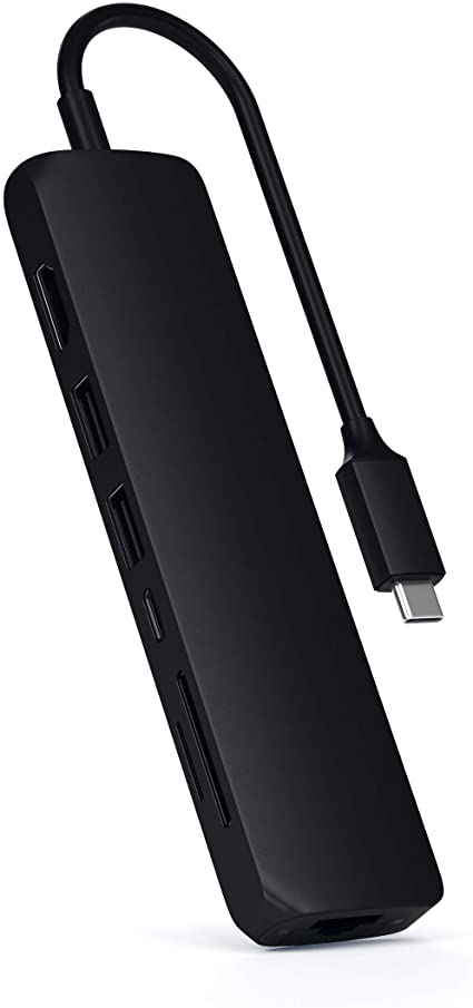 Satechi イーサネット付き スリム 7in1 USB-Cハブ LAN (ブラック) 4K HDMI(60Hz出力), USB-C PD充電 (60W), 2x USB-A 5Gbps高速転送, SD/MicroSDカードリーダー (MacBookPro/Air/M1/M2, iPad Proなど対応）