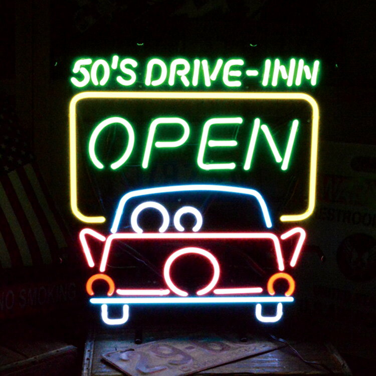 アメリカンネオンサイン ＜50'S DRIVE-INN 50's ドライブイン＞サイズ：51×45cm ネオン管 ガレージング アメリカ雑貨 アメリカン雑貨