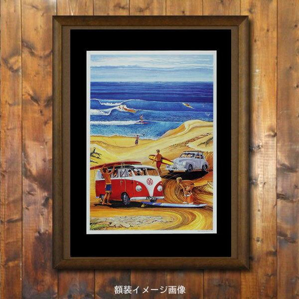 ポスター ハワイアンポスター サーフィン＆車クルマシリーズ J-4 VW バス (レッド)...
