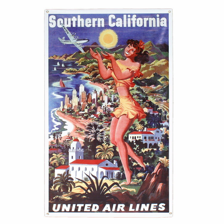 アメリカンな雰囲気作りにオススメな『プロモーションバナー "SOUTHERN CALIFORNIA"』です。 ユナイテッド航空のレトロアメリカンな広告デザイン。 インパクト大の縦138×横85cmのBIGサイズのバナーです。 ビニール製で撥水性があるので屋外でも使用可能。 ガレージや倉庫、店舗などの広い場所でのウォールデコレーションにも最適です。 四隅にハトメ金具が付いているので、紐やフックを使って簡単にディスプレイできます。 天井から吊したり、壁面に飾ってたり、シェルフの目隠しにも使えます。 ガレージやお店をかっこ良くおしゃれに見せてくれるオススメのプロダクトです。 【スペック】 品名：プロモーションバナー "SOUTHERN CALIFORNIA" サイズ：縦138×横85cm 素材：ビニール類似商品はこちらバナー プロモーションバナー "WORLDS 5,500円バナー プロモーションバナー "SPARK P5,500円バナー プロモーションバナー "YOUR EL5,500円バナー プロモーションバナー "PEPBOYS5,500円フラッグ CORVETTE コルベット 1501,980円フラッグ 150×90cm 旗 タペストリー1,980円フラッグ NOS 150×90cm ナイロン製1,980円フラッグ XXXX フォーエックス 150×91,980円プロモーションバナー サイズ：72×280c7,722円Powered by EC-UP