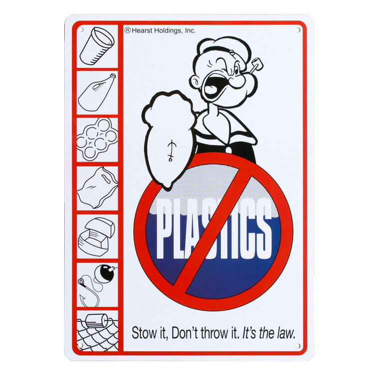 エコを呼びかけるポパイのリプロダクト看板『プラスチックメッセージサイン ポパイ NOプラスチック 』です。 アメリカの漫画家 エルジー・クリスラー・シーガーによるコミック・ストリップ、カートゥーン作品のキャラクター・ポパイ（Popeye）。 缶詰のホウレンソウを食べると超人的な力を発揮し、大男のブルートをやっつけるというのが毎回のオチですよね。 そんなポパイが、海洋ゴミ防止を呼びかける「stow it.Don't throw.It's the law　（やめよう 投げ捨てないで！法律です。）」と書かれた看板です。 海洋ごみは、海洋汚染の原因の主たるものとして世界でも問題視されています。 この中でも特に問題となっているのが海洋プラスチックごみで、地上で出たペットボトルやビニール袋などプラスチックを主としたごみが海に流れ込み、汚染の要因となっています。 不法投棄は法律で禁止されていますが、それでもゴミをポイ捨てる人が後を絶たないのが現状です。 環境問題も考えさせられ、ポイ捨て防止の注意喚起看板としてもオススメです。 プラスチック製なので、軽く、大きさも縦33.5×25.5cmの部屋に飾るのにちょうど良いサイズ感です。 お部屋のドアや玄関、トイレ、ガレージ、店舗など好きな所に飾ればお部屋の雰囲気アップに、そしてアメリカンになります！！ 四隅に取付用の穴が開いているのでピンや木ネジなどで取り付けてください。 【スペック】 品名：プラスチックメッセージサイン ポパイ NOプラスチック サイズ：縦33.5×横25.5cm 素材：プラスチック メーカー：HOLLYWOOD SIGN CO. 生産国：中国 ※表面のスレや色、ムラがある場合がござます。予めご了承ください。