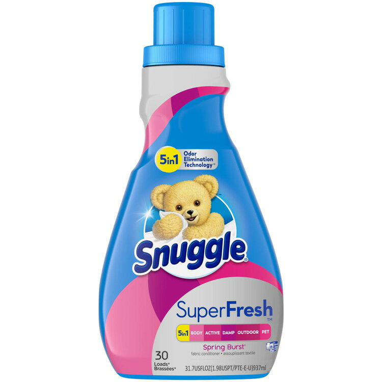 Snuggle SuperFresh Violet Breeze/スナッグル スーパーフレッシュ スプリングバースト柔軟剤は、素晴らしく長持ちする香りと新鮮さを提供します。 このスーパーフレッシュ機能は、1台5役の消臭技術を搭載！ ・5-in-1 の消臭技術により、体臭、アクティブ臭、湿った屋外臭、ペット臭を発生源から防ぎます。 ・衣類の頑固な臭いと闘い、生地の繊維に動きを活性化する香りを注入します。 ・湿った（じめじめした）ニオイに効きます。 ※洗濯物の臭いを完全に抑えるには、「Snuggle SuperFresh 5-in-1 ドライヤー シート」と組み合わせることで、さらに静電気を抑え、より香りを高めることができます。 【香り】スプリングバースト 春の花々をイメージしたフレッシュフローラルの香り。お花の香り（フローラル系）がお好きならコチラ！ 【使用方法】 約5〜6kgの洗濯量に対し、キャップ内側の[ライン1]の量を1杯（約31ml およそ30回分）。 約7〜9kgの洗濯量に対しキャップ内側の[ライン2] の量を1杯を目安にご使用下さい。 洗濯機タイプを問わずご使用いただけます。お好みの仕上がり、洗濯機タイプに合わせて量を加減してご使用下さい。 【ご購入の前にご確認ください】 こちらの商品は、製造時にパッケージラベルに位置ズレや黄ばみが見られます。 入荷製品のほとんどに於いて見られますが、製品自体には問題がありませんので、良品として販売させて頂いております。 ● 製品ラベルが少しずれている。 ● 製品ラベルに薄黄色のシミがある。 画像を掲載しますのでご購入前にご確認をお願いします。 【スペック】 用途：衣類用柔軟剤 商品名：スナッグル柔軟剤 種類：スプリングバースト 内容量：937ml（31.7 FL OZ） 標準使用量：30回分/ 1回あたりの使用量 約31ml ブランド：スナッグル Snuggle メーカー：HENKEL 原産国：アメリカ合衆国 【使用上のご注意】 小さなお子さんの手の届く場所に保管しないでください。 万一飲み込んでしまった場合は、水をしっかり飲ませてください。 また、目に入った場合は水でよく洗い流してください。何れの場合も処置をした後、医師にご相談下さい。 Snuggle / スナッグル 商品一覧はこちら アメリカの柔軟剤 一覧はこちら