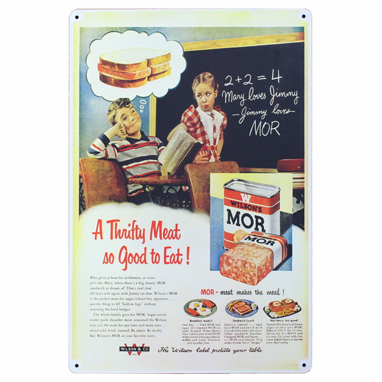 レトロブリキ看板 広告デザイン WILSONS MOR ポーク缶 縦45cm×横30cm スチール製