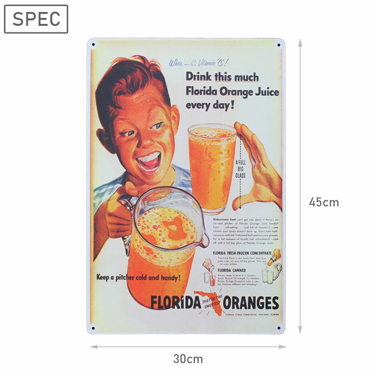 レトロブリキ看板 広告デザイン FLORIDA ORANGE ジュース柄 縦45cm×横30cm スチール製 [2]