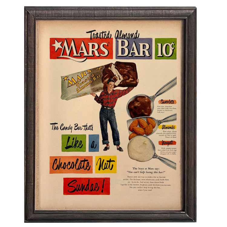 LIFE誌 ヴィンテージ切り抜き 額装アート フレーム付き アメリカ雑貨 インテリア 壁掛け Mars Bar チョコレート広告 ktlife0132