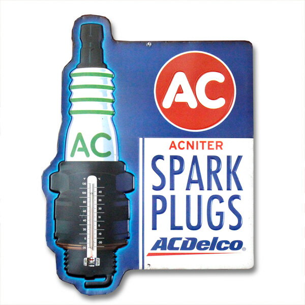 サーモメーター付き ダイカットメタルサイン 「AC DELCO SPARK PLUG」 （ACデルコ ） 温度計 ブリキ看板 アメリカ雑貨 アメリカン雑貨