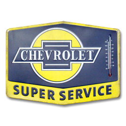 サーモメーター付き ダイカットメタルサイン 「CHEVROLET SUPER SERVICE」 （シボレースーパーサービス ） 温度計 ブリキ看板 アメリカ雑貨 アメリカン雑貨