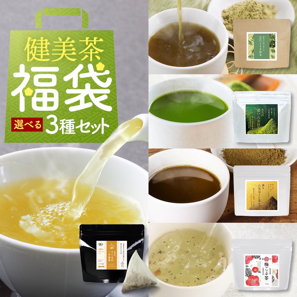 お茶 健美茶 福袋 3袋 セット 三年番茶 ＆ 選べる2種の粉末茶 お茶 国産 ティーバッグ 2024年 健康茶 3年番茶 よもぎ茶 濃い 抹茶 ほうじ茶 梅こぶ茶 有機JAS認証 有機茶 オーガニック茶 日本茶 緑茶 送料無料のサムネイル