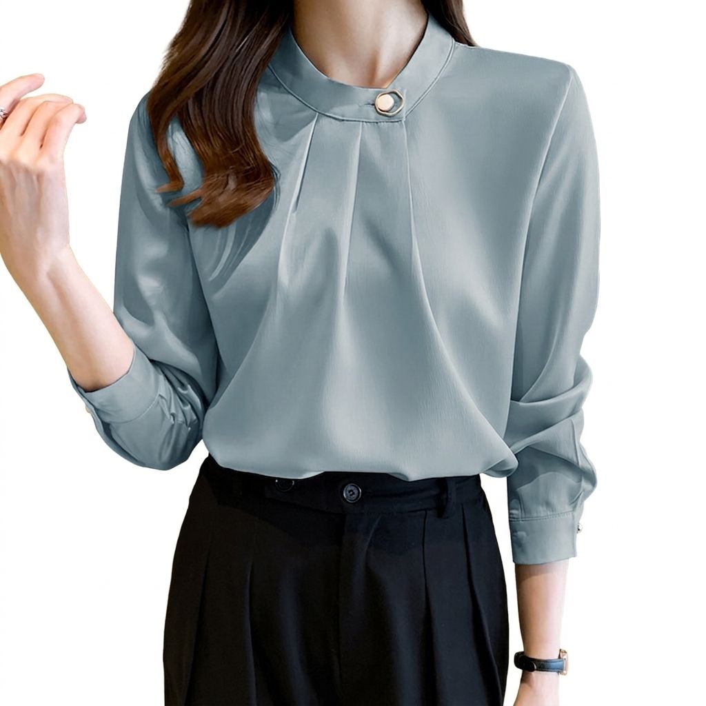 Rakuten - ブラウス レディース 長袖 事務服 オフィス 通勤 きれいめ バンドカラー プリーツ シフォン とろみ トップス シャツ 丸襟 上品 フォーマル ビジネス カジュアル 入学式 卒業式 面接 無地 ゆっ