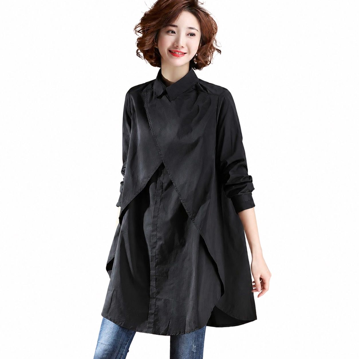 Rakuten - ロングシャツ レディース チュニック 長袖 ブラウス レイヤード風 アシンメトリー ゆったり 体型カバー 大きいサイズ 無地 通勤 トップス