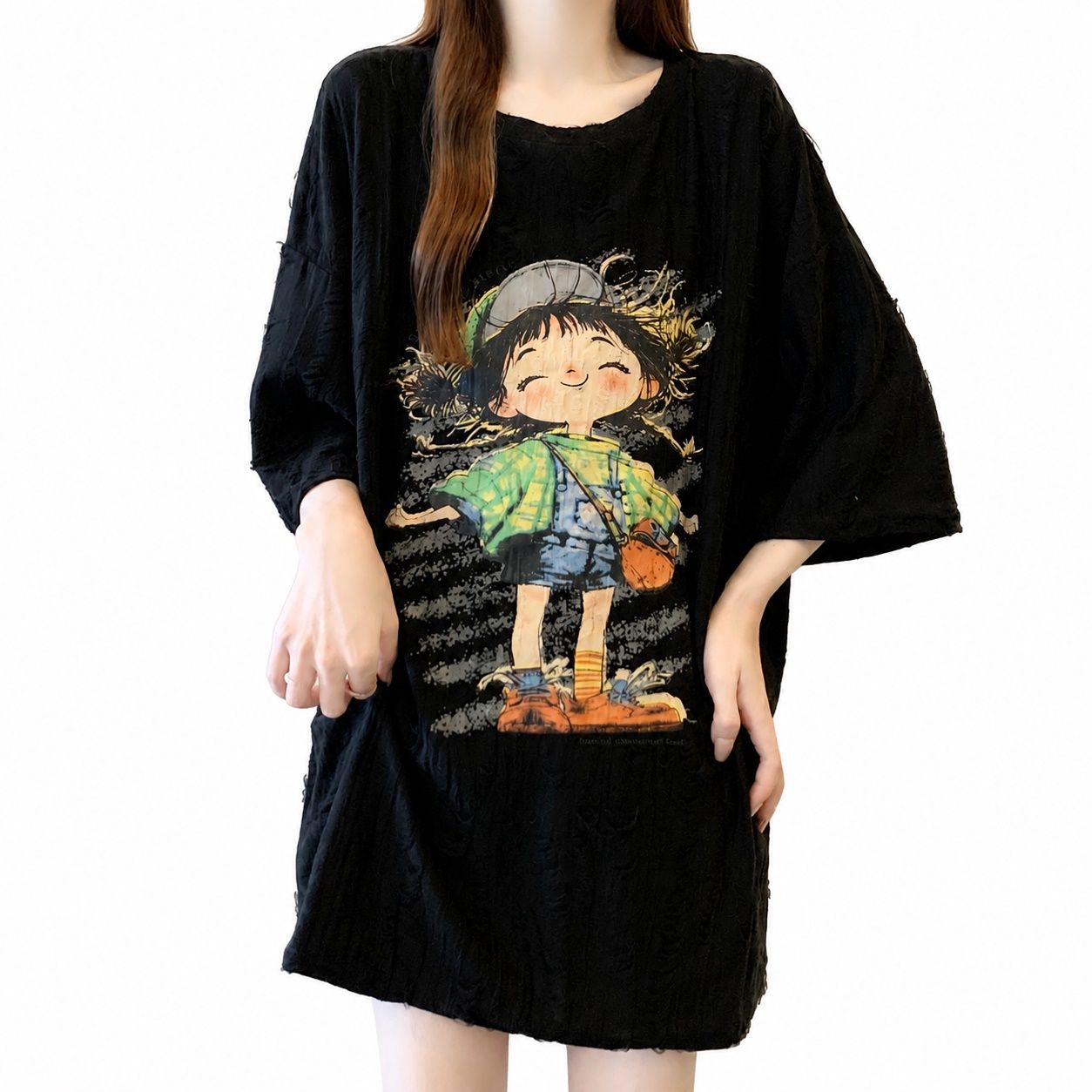 Rakuten - オーバーサイズ 半袖 Tシャツ レディース ダメージ加工 イラストプリント ゆったり ビッグシルエット カジュアル 着痩せ トップス 体型カバー 夏服 ストリート