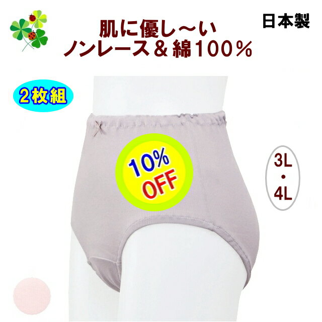 【楽天スーパーSALE 10％OFF＆クーポン】 ショーツ 大きいサイズ レディース パンツ 綿100％ 日本製 レース無し敏感肌 肌に優しい ショーツ 同色2枚組 3L 4L ビックサイズ ピンク (6セットまでメール便) 送料無料