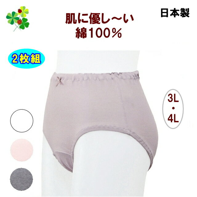 ショーツ 大きいサイズ レディース パンツ 綿100％ 日本製 レース無し敏感肌 肌に優しい ショーツ 同色2枚組 3L 4L ビックサイズ オフ ピンク シロ(6セットまでメール便) 送料無料