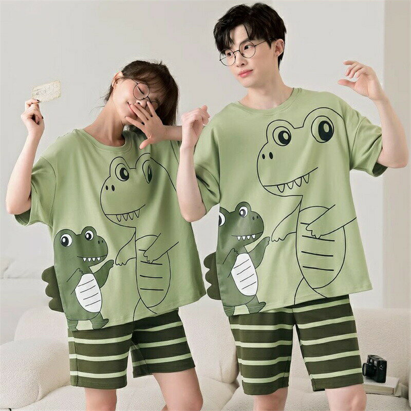 四つ葉のClover楽天市場店のおしゃれ カップル ペア 部屋着 半袖 夏 男女2着 ペア パジャマ セット 春夏 レディース メンズ ルームウェア パジャマ 綿100% ペアパジャマ ギフト 結婚祝い プレゼント スウェット 上下セット パジャマ カップル お揃い プレゼント ペアルック 恐竜 可愛い シンプル｜アングル3