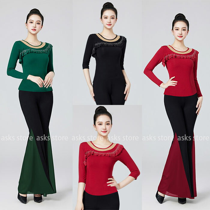 社交ダンストップス 長袖 五分袖 胸元 フリル ダンストップス フレアパンツ チュール裾 練功服 ラッパ..