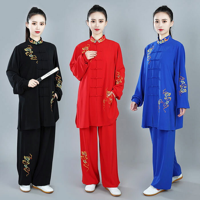 太極拳 服 男女兼用 太極拳ウェア 上下セット 刺繍 カンフーウェア 祥雲刺繍柄 長袖 競技着 太極拳服 ..