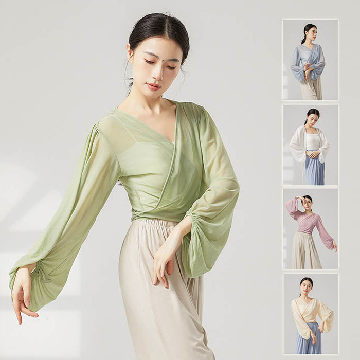 古典舞踊 練習着 ダンストップス リボン シースルー 長袖 古典ダンストップス ブラウス 交差襟 ダンス..