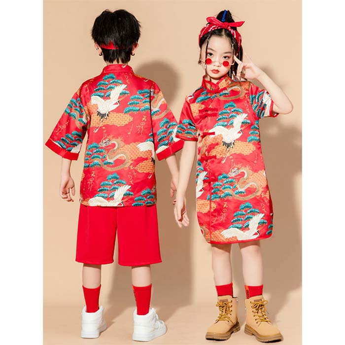 キッズ ステージ衣装 中華風 ダンス衣装 男の子 女の子 チャイナドレス ワンピース 半袖シャツ ショー..