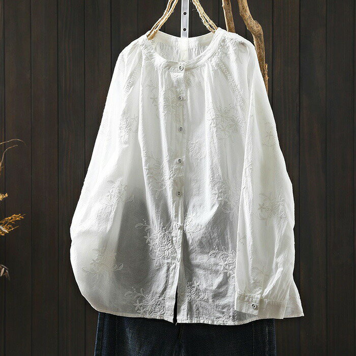 刺繍 ブラウス レディース シャツ 長袖 綿 シャツブラウス 花柄刺繍 クルーネック 白シャツ コットン ワイシャツ カジュアル ナチュラル 柔らか ゆったり 可愛い きれいめ おしゃれ 大きいサイズ 体型カバー 春 秋 白 ホワイト ネイビー