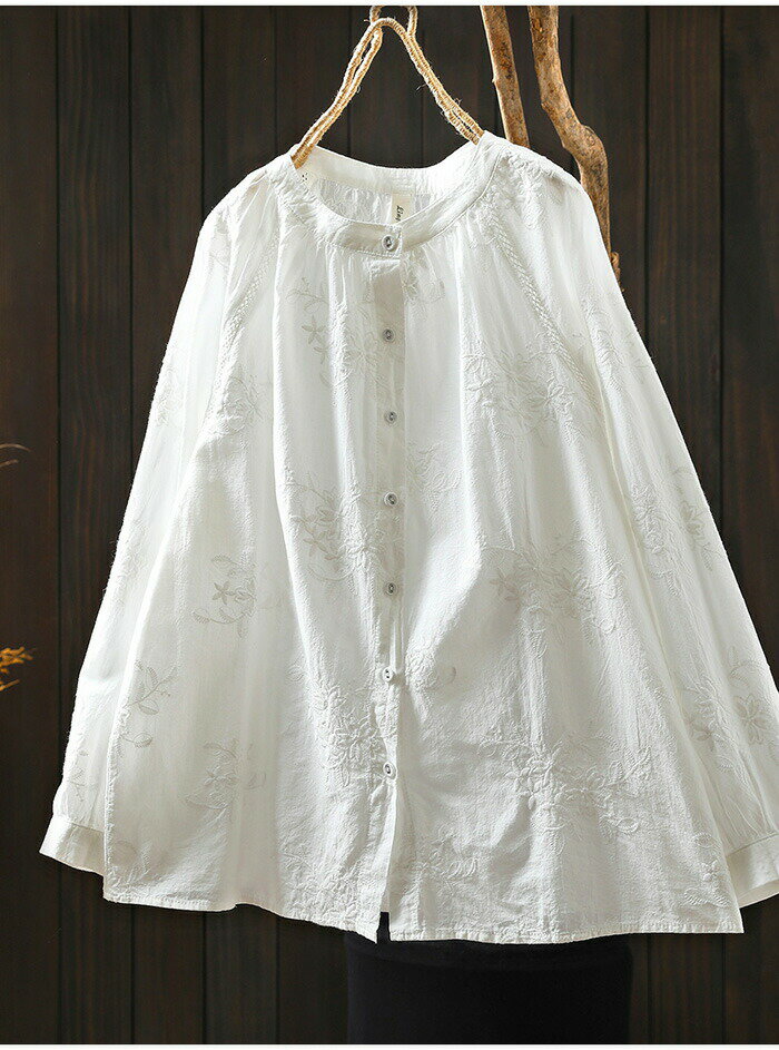 刺繍 ブラウス レディース シャツ 長袖 綿 シャツブラウス 花柄刺繍 クルーネック 白シャツ コットン ワイシャツ カジュアル ナチュラル 柔らか ゆったり 可愛い きれいめ おしゃれ 大きいサイズ 体型カバー 春 秋 白 ホワイト ネイビー