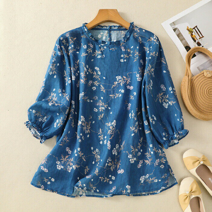 送料無料 プルオーバー レディース ブラウス チュニックブラウス シャツブラウス 花柄ブラウス トップス 5分袖 花柄 総柄 フリル襟 クルーネック 綿麻風 大きいサイズ 体型カバー ゆったり カジュアル 大人可愛い 森ガール キレイめ エスニック ナチュラル 春 夏 秋